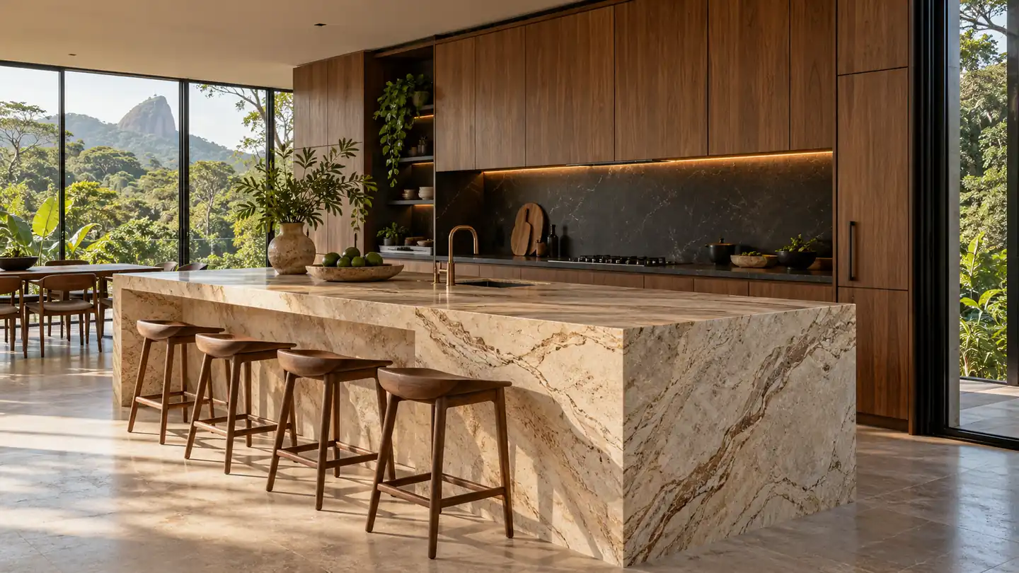 Inspiração de cozinha com bancada e ilha em pedra