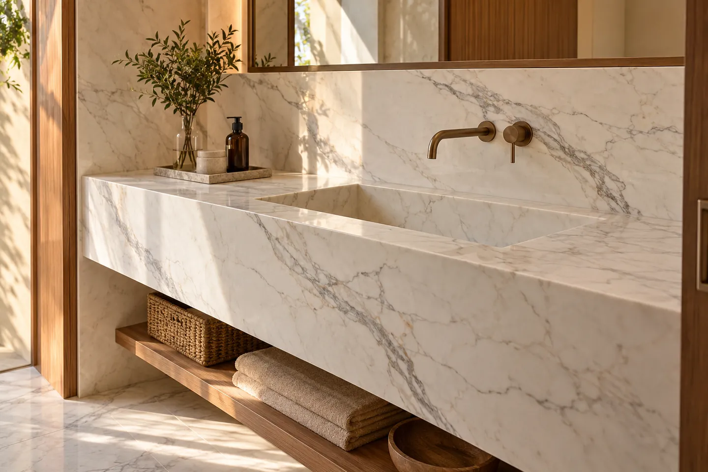 Representação ilustrativa de mármore branco com veios cinza em bancada de lavabo Representação ilustrativa de mármore branco com veios cinza em bancada de lavabo