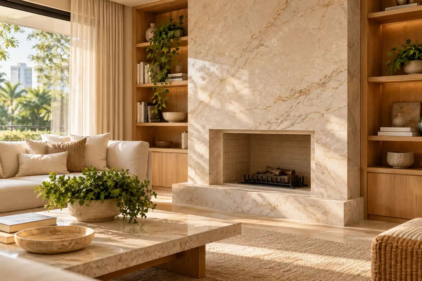 Sala ilustrativa com lareira revestida em pedra clara e móveis de madeira Sala ilustrativa com lareira revestida em pedra clara e móveis de madeira
