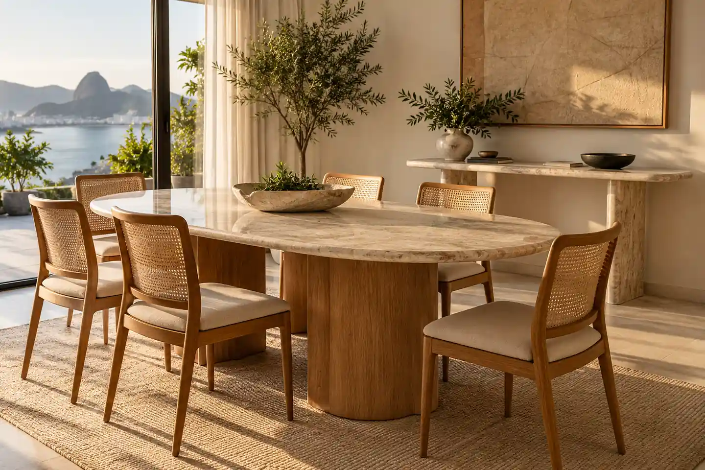Ambiente ilustrativo com mesa e aparador com tampos em pedra natural Ambiente ilustrativo com mesa e aparador com tampos em pedra natural