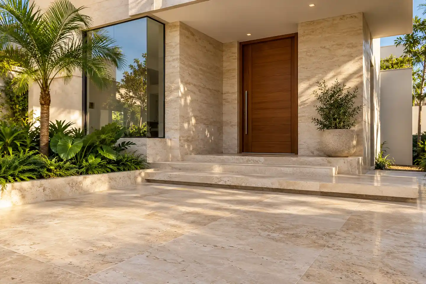 Fachada residencial ilustrativa com revestimento e piso em pedra natural Fachada residencial ilustrativa com revestimento e piso em pedra natural